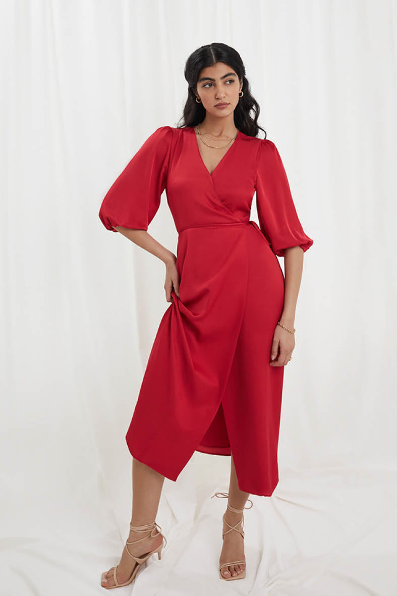 Rae Wrap Dress In Tulip Red