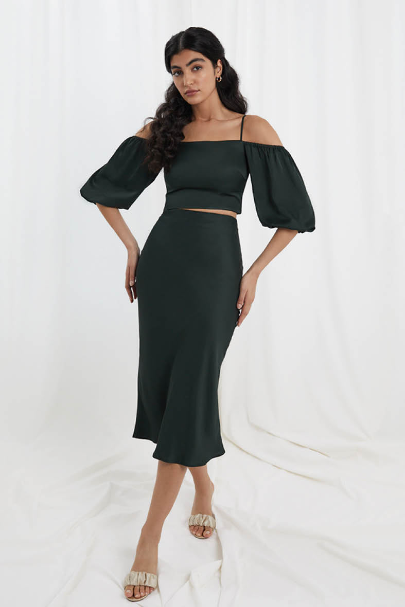 Seren Midi Skirt In Deep Forest Green